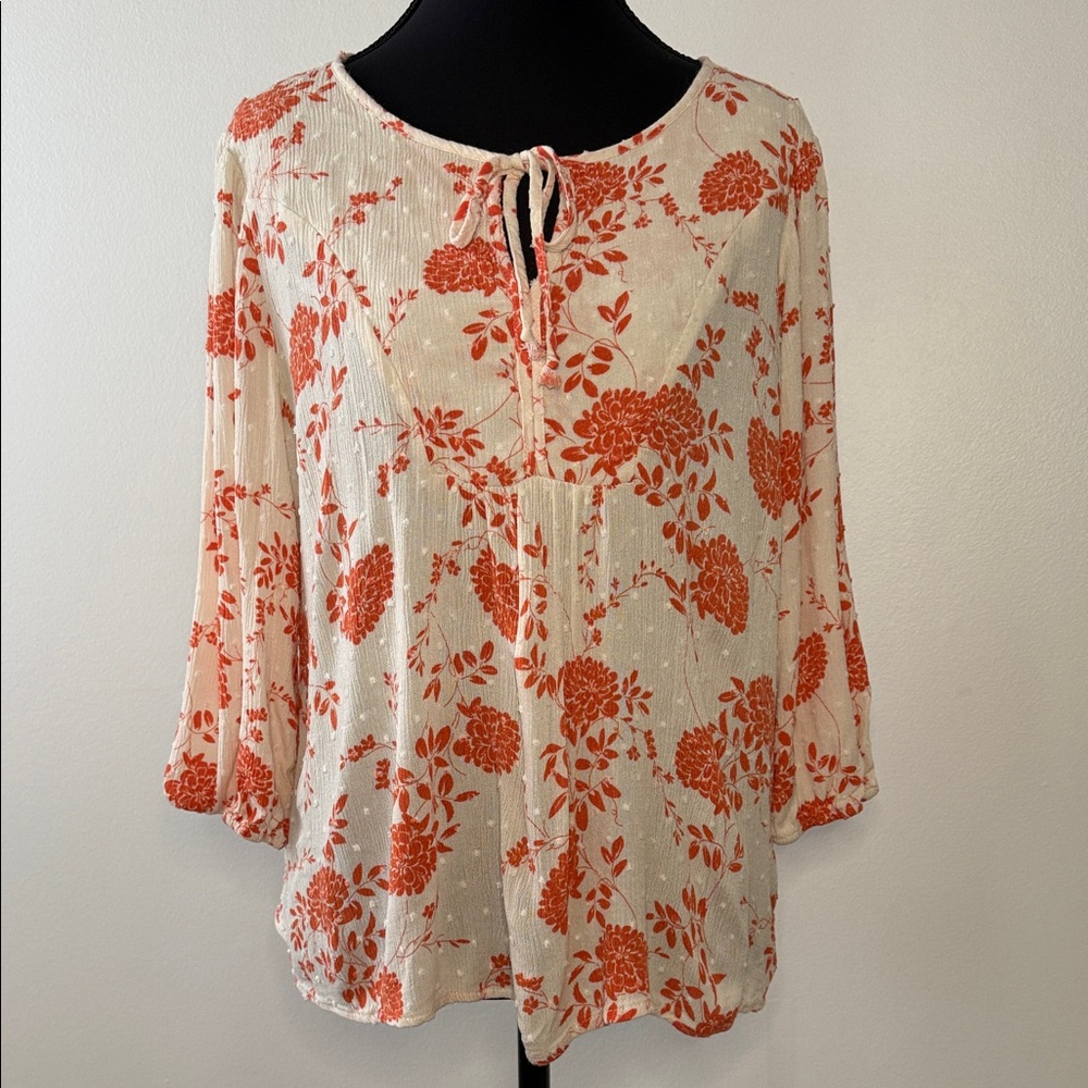 Papermoon Orange Floral Swiss Dot Tie Neck Blouse Womens Medium 3/4 Sleeve‎ Boho